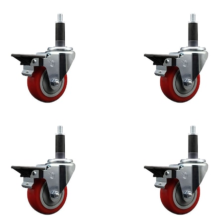 Service Caster 3.5'' Red Poly Swivel 1'' Expanding Stem Caster Set with Brake, 4PK SCC-EX20S3514-PPUB-RED-PLB-1-4